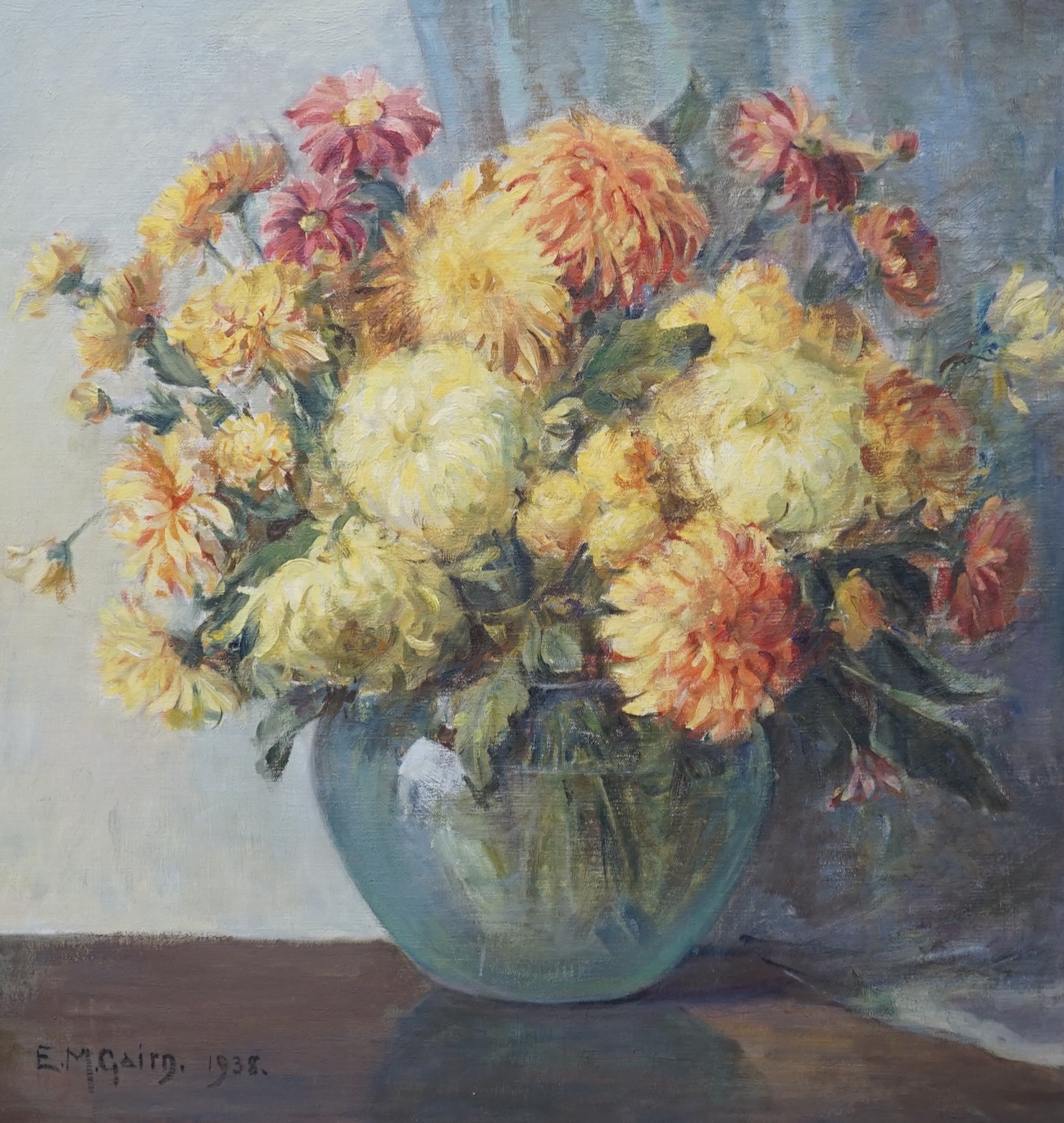 E.M. Gairn, oil on board, Still life of flowers in a vase, signed and dated 1938, 61 x 57cm. Condition - good, some very minor scuffs